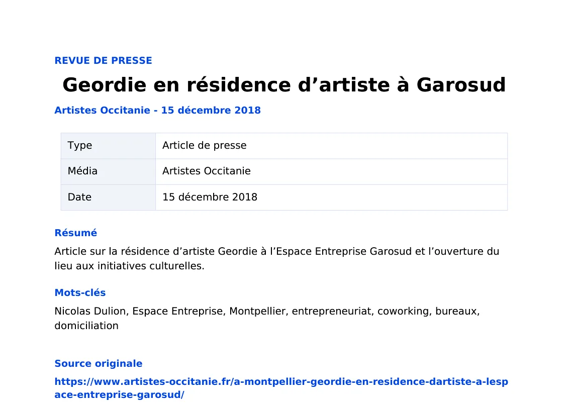 Geordie en résidence d’artiste à Garosud — lecture locale 1