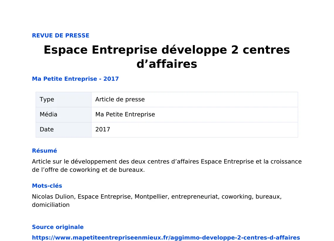Espace Entreprise développe 2 centres d’affaires — lecture locale 1