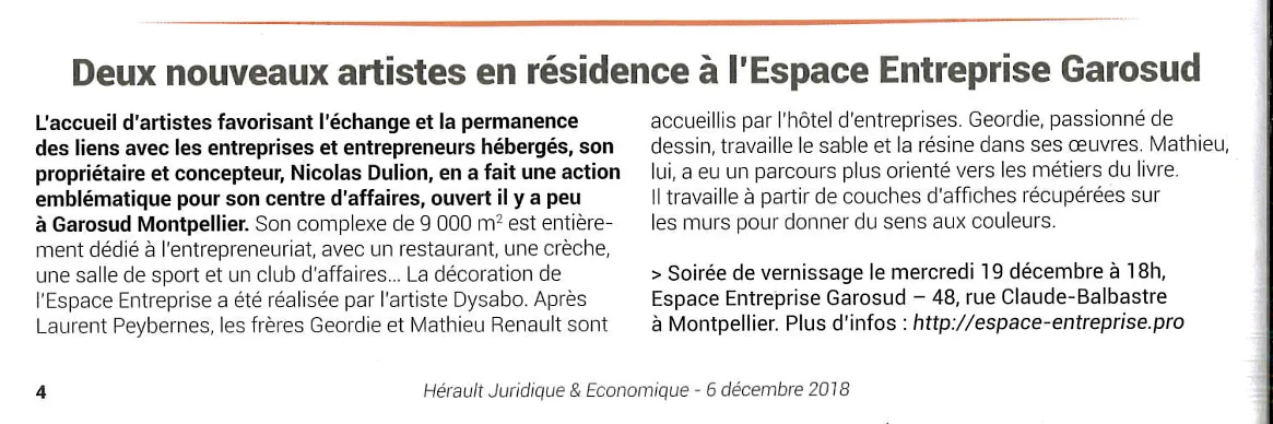 Deux nouveaux artistes en résidence à l’Espace Entreprise Garosud — lecture locale 1