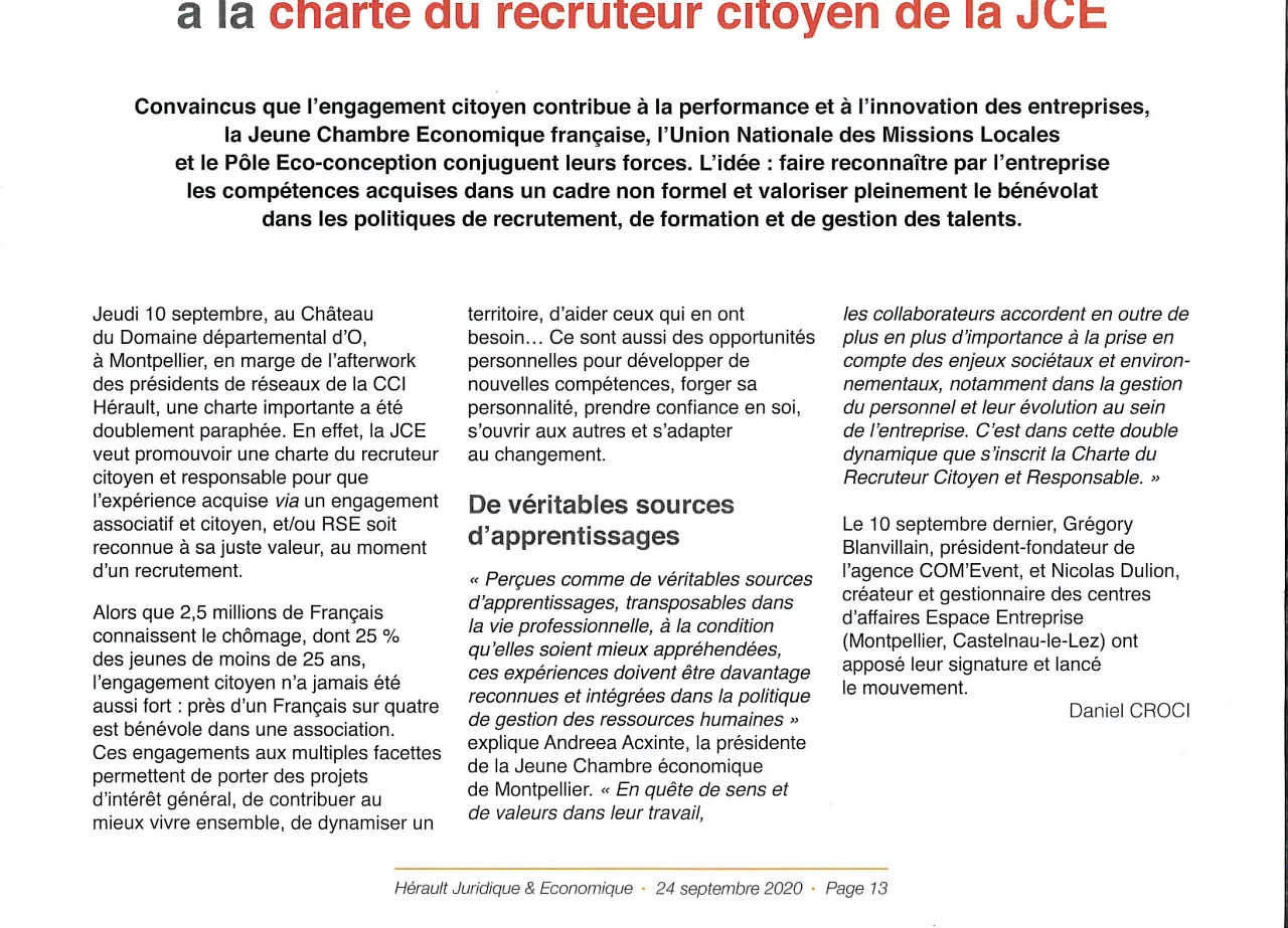 Charte du recruteur citoyen de la JCE — lecture locale 2