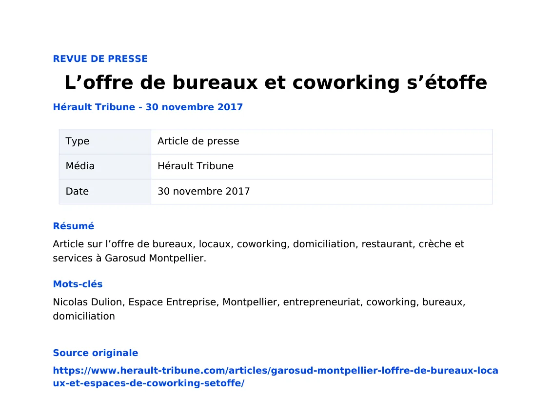 L’offre de bureaux et coworking s’étoffe — lecture locale 1