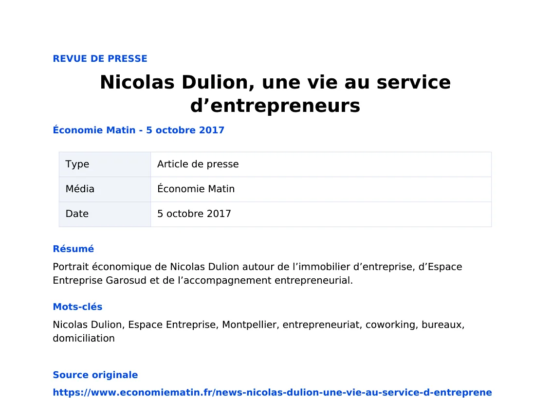 Nicolas Dulion, une vie au service d’entrepreneurs — lecture locale 1
