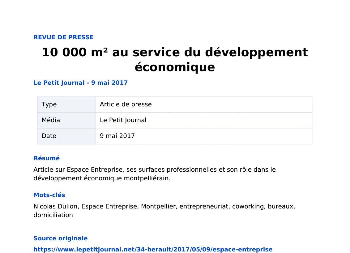 10 000 m² au service du développement économique — lecture locale 1