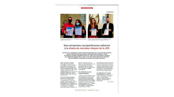Charte du recruteur citoyen de la JCE Hérault Juridique & Économique • 24 septembre 2020 - Charte du recruteur citoyen de la JCE - Article sur l’adhésion d’entreprises montpelliéraines, dont Espace Entreprise, à la charte du recruteur citoyen portée par la JCE.