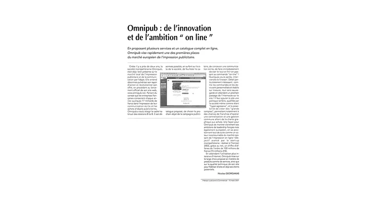 Omnipub : de l’innovation et de l’ambition “on line” Article Hérault Juridique & Commercial du 15 mars 2001 sur Omnipub