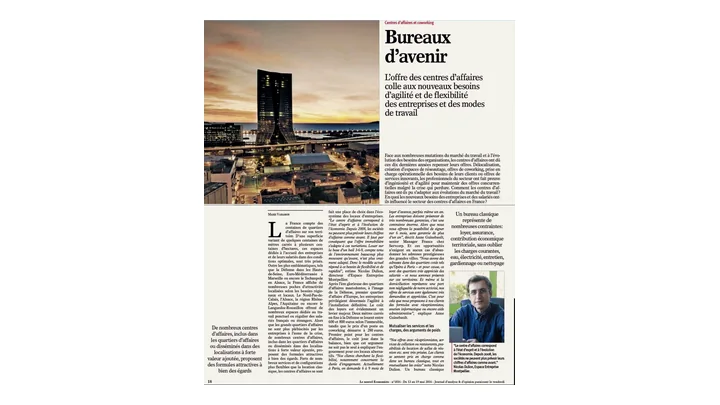 Bureaux d’avenir Article Le Nouvel Économiste sur les bureaux d’avenir et les centres d’affaires, avec Nicolas Dulion